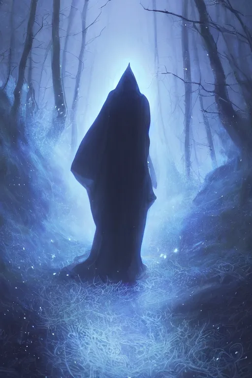 Image similar to a full body portrait of a mysterious goddess with a very long hooded cloak made of stars and clouds walking through a forest,, by maciej kuciara and jason chan and makoto shinkai, ominous, cosmic horror, trending on artstation, ultra detailed, hyper realistic 4 k, volumetric light