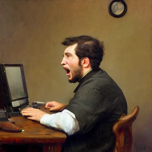 Image similar to an angry man yells at his computer monitor, oil on canvas, 1 8 8 3, highly detailed