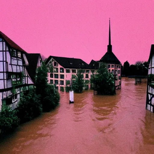 Prompt: 80s vaporwave outrun Album Art of a german town being flooded, retro, grainy, noisy