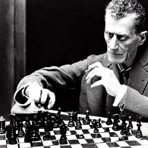 Image similar to ludwig wittgenstein and a robot, playing chess, dramatic angle