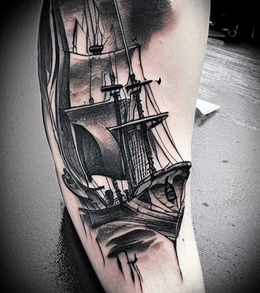 Prompt: A realistic tattoo design sketch of a pirate ship, paper background, black and white, highly detailed tattoo, shaded tattoo, hyper-realistic tattoo