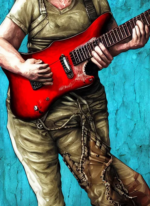 Prompt: stalker from the stalker pc game plays an electric guitar, 8 k, sharp focus, extremly detailed, digital painting, smooth, illustration