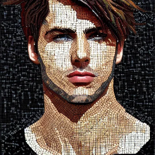 Image similar to artistic portrait of young male with dark hair, mosaic, extremely detailed, trending on Artstation