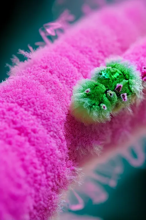 Image similar to high quality macro photo translucent fluffy caterpillar! gorgeous highly detailed hannah yata elson peter cinematic pink lighting high quality low angle hd 8k sharp shallow depth of field