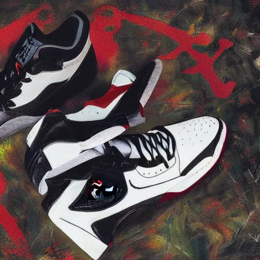 Image similar to Jackson Pollock, Air Jordan sneakers, digital art, product photography