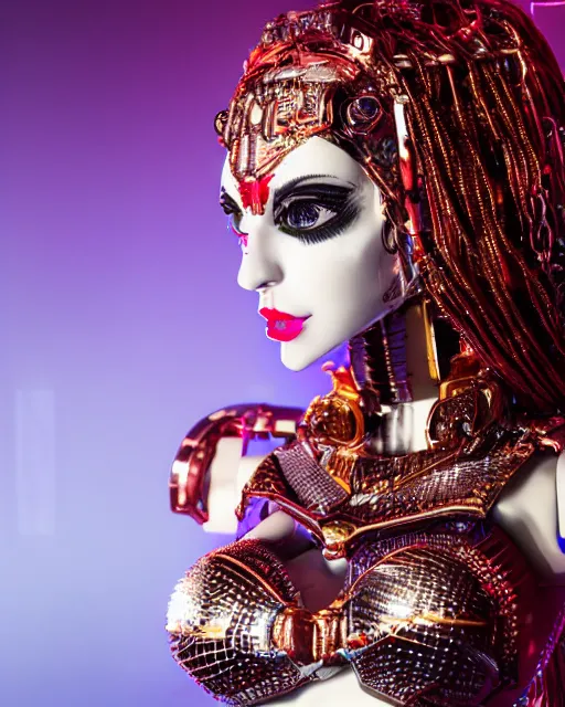 Image similar to 3 / 4 portrait photo of belly dancer as a mecha humanoid robotic head shoulder parts with straight bright led lights, inside white room, ultra - realistic and detailed, shallow depth of field 8 k