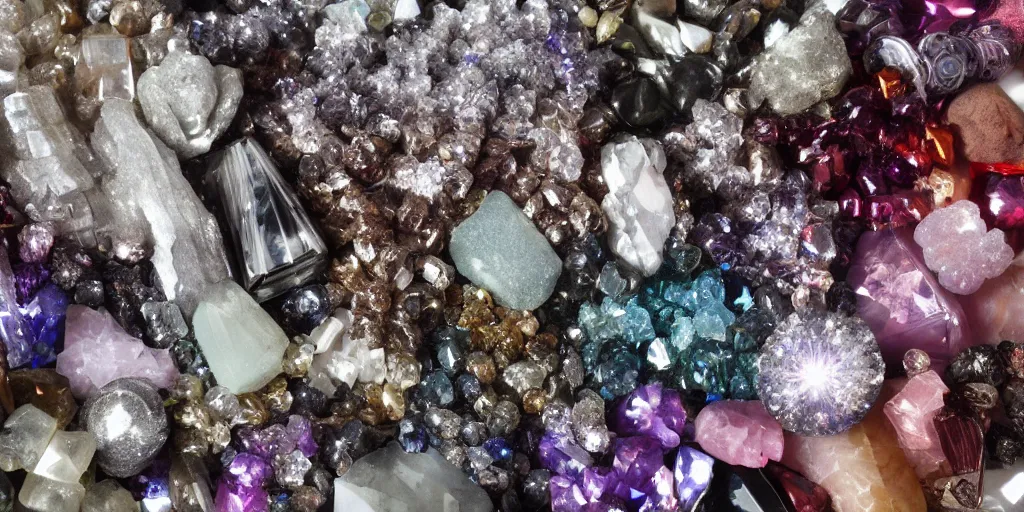 Image similar to a collection of shiny sparkly crystals and minerals