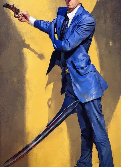 Prompt: greg manchess painting of a blond man in a blue suit with a sword and a pistol, asymmetrical, profile picture, organic painting, sunny day, matte painting, bold shapes, hard edges, street art, trending on artstation, by huang guangjian, gil elvgren, ruan jia, randy vargas, greg rutkowski