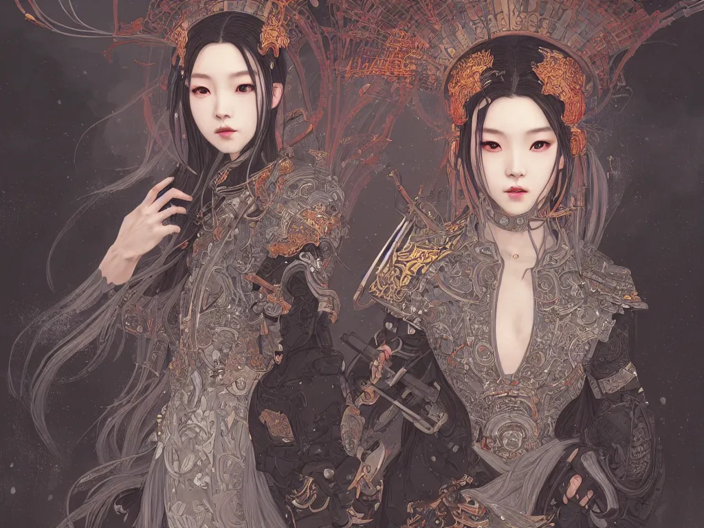 Image similar to portrait jisoo blackpink, grey hair armored samurai clothes, in fire japanese temple wet night, ssci - fi and fantasy, intricate and very very beautiful and elegant, highly detailed, digital painting, artstation, concept art, smooth and sharp focus, illustration, art by tian zi and wlop and alphonse mucha