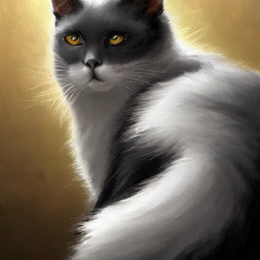 Prompt: a big bored dark gray cat with white belly, white paws and white face markings with long fur and fluffy tail sitting, intricate, elegant, highly detailed, digital painting, artstation, concept art, matte, sharp focus, illustration, art by Artgerm and Greg Rutkowski and Alphonse Mucha