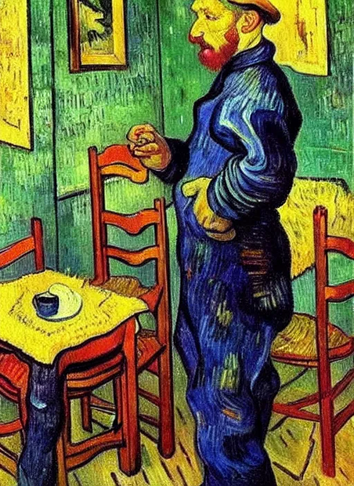 Image similar to good morning, artist painting on a canvas showing breakfast, painting by vincent van gogh, paul gauguin