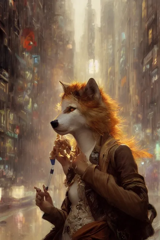 Image similar to beautiful portrait of an attractive white female anthro wolf smoking a cigarette in a bustling crowd of a rainy city street, steampunk, female fursona, 4 k, trending on artstation, by gaston bussiere, craig mullins, artgerm, greg rutkowski, alphonse mucha