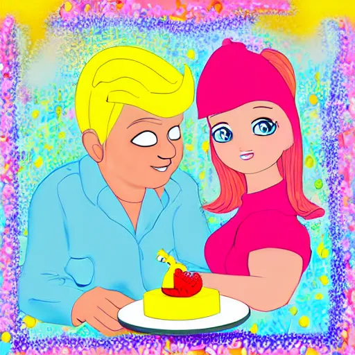 Image similar to ken and barbie having cake by the ocean on a yellow submarine - digital art