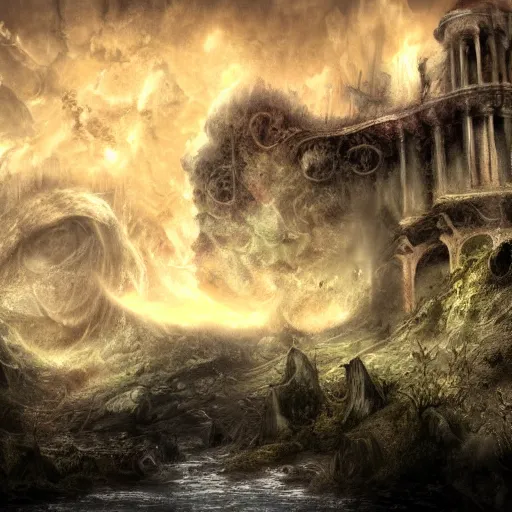 Image similar to landscape in hell, river styx, ruins, fortresses, dark, hellscape, digital art