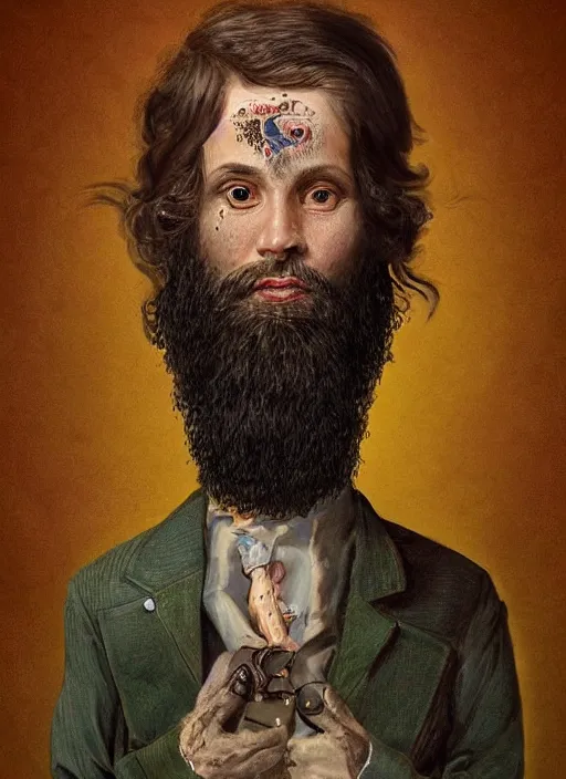 Image similar to a fine portrait paitning of an materialistic philosopher dressed in the clothes of a 6 - year - old girl, he has quite a beautiful body and beard, but the clothes and personality are that of a conceited girl who likes to command, conceptual surreal comic weird bizarre horror art