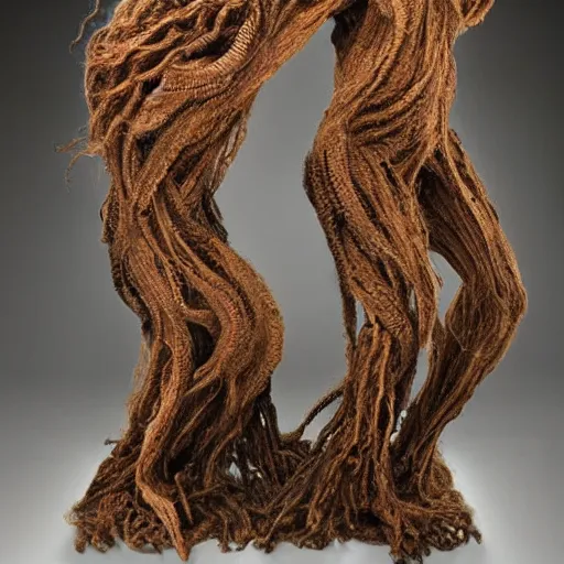 Prompt: dmt bodies. Mesh of human figures intertwined. earthen colors. The medium of this sculpture is human hair. A mess of human hair. Matted hair woven dreadlock sculpture. Tangled splitend hair. barbershop floor. Sculpted of coconut fibers. Surreeal fibrous art. Designed by August Rodine.