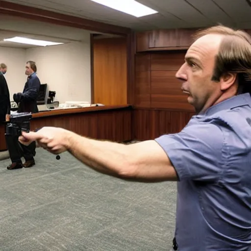 Image similar to saul goodman shooting a glock 1 9 inside a courtroom