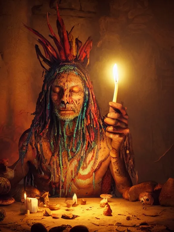 Image similar to fine painting of a death shaman from an ancient culture with mushrooms growing from his body, candlelight, 8 k, ultra realistic, lens flare, atmosphere, glow, detailed, intricate, full of colour, cinematic lighting, trending on artstation, 4 k, hyperrealistic, focused, extreme details, unreal engine 5, cinematic, masterpiece