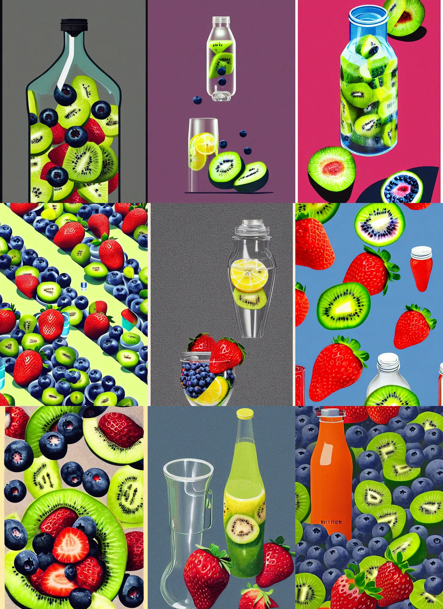 Prompt: ( ( dither ) ), editorial illustration strawberries blueberries sliced kiwi sliced lemon inside a clear drinking bottle, isometric, modern art deco, ( ( mads berg ) ), detailed, dynamic composition, wide angle, matte print, strong grain, art nouveau, gertrude abercrombie