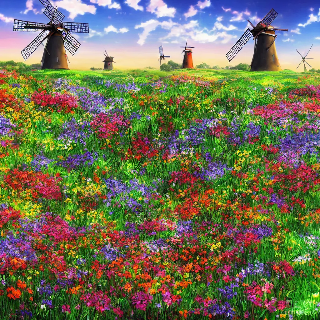 Image similar to scenic view of a flower meadow with a windmill, award - winning anime digital art