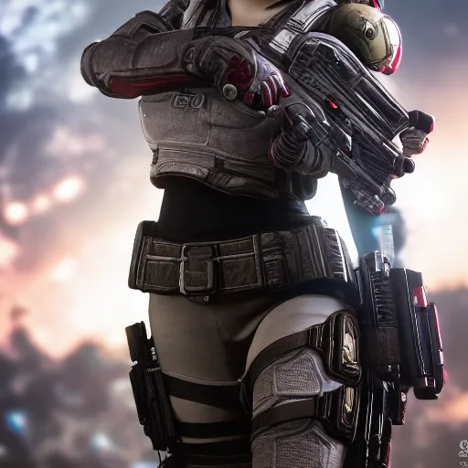 Image similar to anime girl in Gears of War, highly detailed, high quality, HD, 4k, 8k, Canon 300mm, professional photographer, 40mp, lifelike, top-rated, award winning, realistic, sharp, no blur, edited, corrected, trending