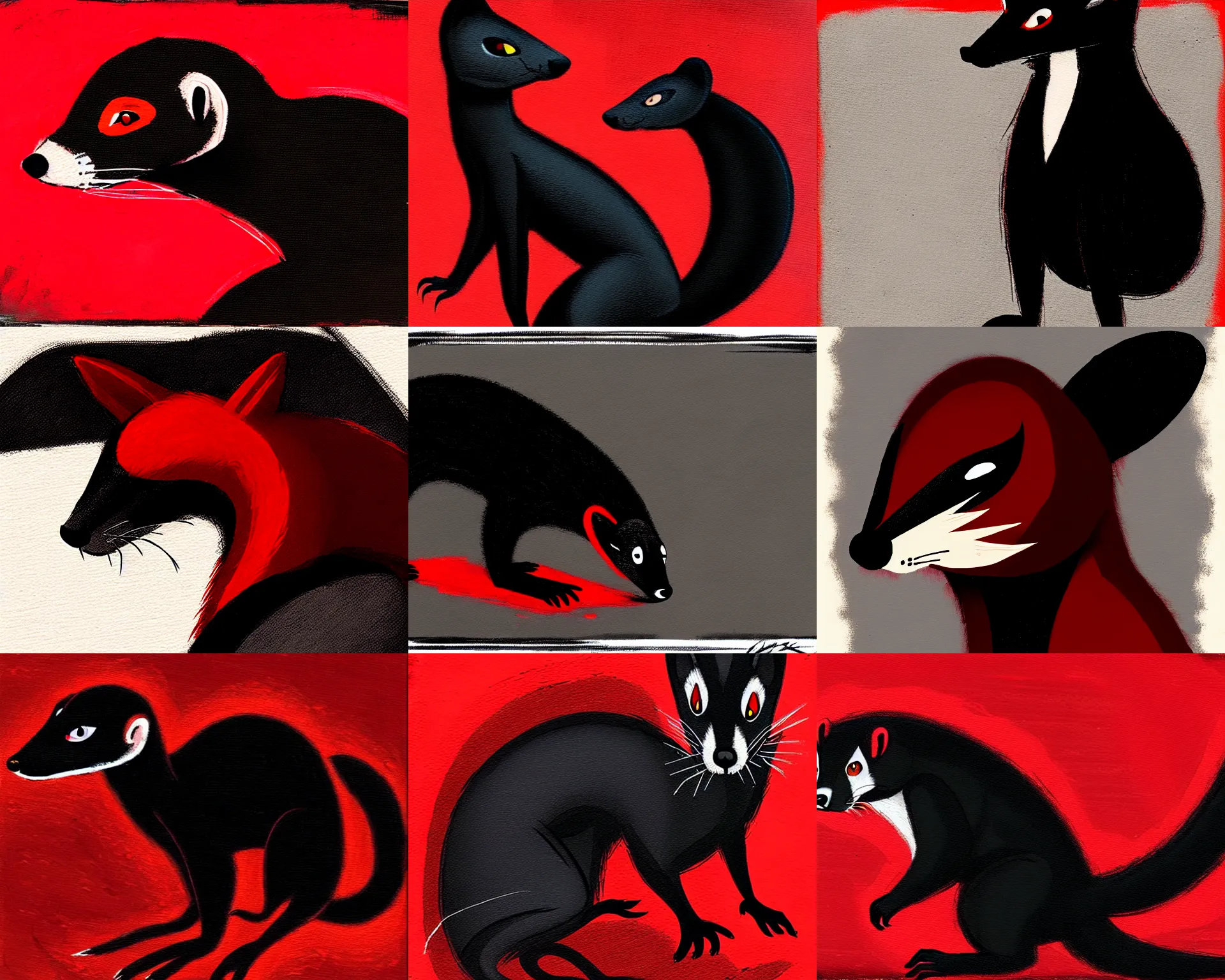 Prompt: red - and - black weasel / stoat fursona ( furry fandom ), neo - noir setting, detective fiction inspired art tone, small brush strokes, black pen detailing, subtle canvas weathering