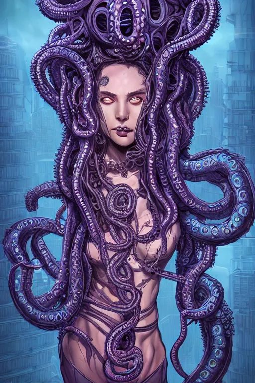 Prompt: Perfectly-centered Hyperdetailed cinematic RPG portrait-illustration of a beautiful Aetherpunk Lovecraftian Medusa with symmetrical features, style of a comic-book cover, awesome pose wearing a modest cyberpunk outfit and long ravepunk snakes as hair, standing next to tall bio-luminiscent skyscrapers. Professional post-processing and HDR digital airbrush painting, arthouse, cosmic horror, surreal otherworldly mood, award winning picture, trending on Gsociety and ArtstationHQ, neon-noir background, glowing rich colors, 8K, 3D rim light, 3d final render, 3d shading, unreal 5, octane render, iridiscent accents, psychedelic highlights and overtones, dramatic shadows, dynamic and atmospheric lighting, anamorphic lens, sharp focus