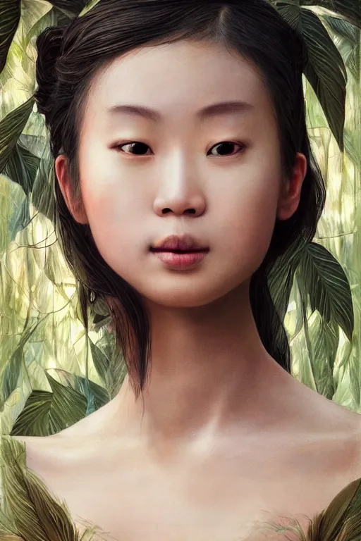 Image similar to stunningly beautiful, asian prima ballerina in jungle, symmetrical face, golden hour, smooth, focus, highly detailed, hyper realistic, dramatic lighting, elegant, intricate, concept art, art by wlop, mars ravelo, greg rutowski