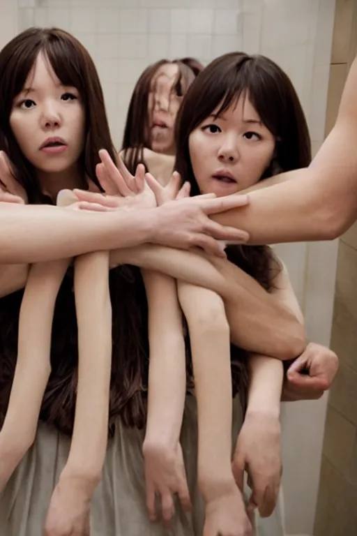 Image similar to many hands and arms coming from behind bathroom door, korean horror film