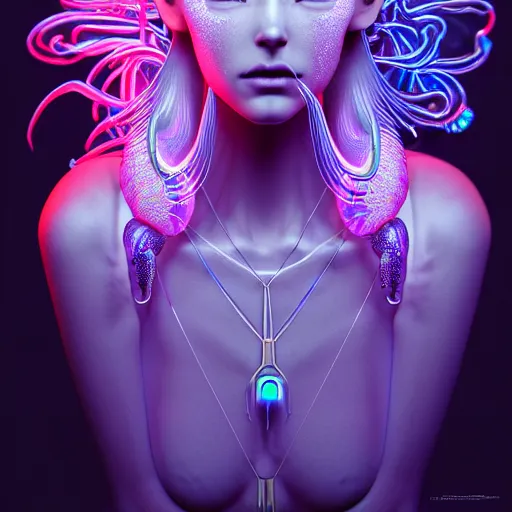 Image similar to portrait of an absurdly beautiful, graceful, sophisticated, fashionable cyberpunk mechanoid gravure idol, ultrafine hyperdetailed illustration by irakli nadar, matt wisniewski style, intricate linework, porcelain skin, neon jellyfish headdress, iridescent siamese fighting fish necklace, unreal engine 5 highly rendered, global illumination, radiant light, detailed and intricate environment