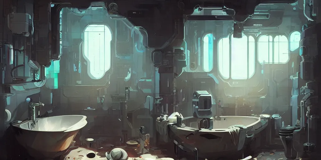 Image similar to bathroom interior, cyberpunk, lofi, detailed, loish, trends in artstation by peter mohrbacher,