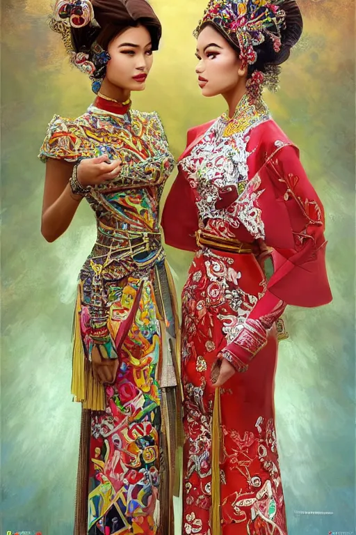 Image similar to hand holding a lego, portrait of a beautiful indonesian supermodels wearing traditional costume, highly detailed, digital painting, artstation, concept art, sharp focus, illustration, art by kittichai rueangchaichan and james gurney and alphonse mucha