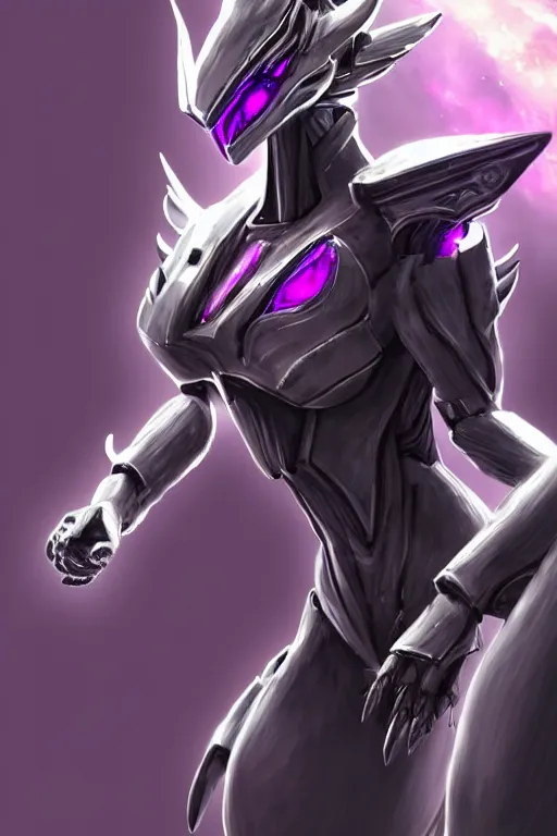 Image similar to cinematic bust shot, elegant beautiful stunning giant robot mecha hot female goddess dragon, sharp spines, sharp metal ears, smooth purple eyes, smooth fuschia skin, elegant smooth silver armor, nebula size, in space, epic proportions, epic scale, warframe fanart, macro giantess, furry art, dragon art, goddess art, giantess art, furaffinity, octane