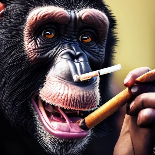 Image similar to a high detail closeup shot of a chimp wearing a suit 👔,and smoking a cigarrette🚬, cgcosiety, artstation, unreal engine, realism