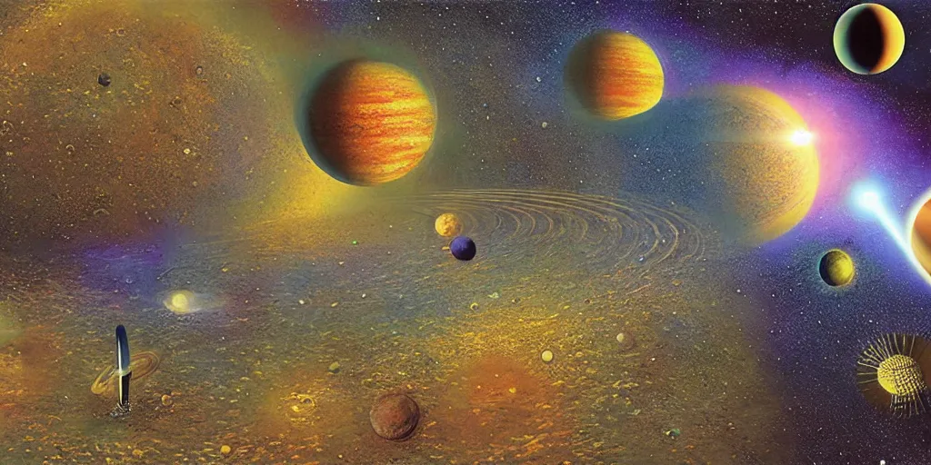 Image similar to Artwork by Tim White of the cinematic view of a solar system of giant diatom planets.