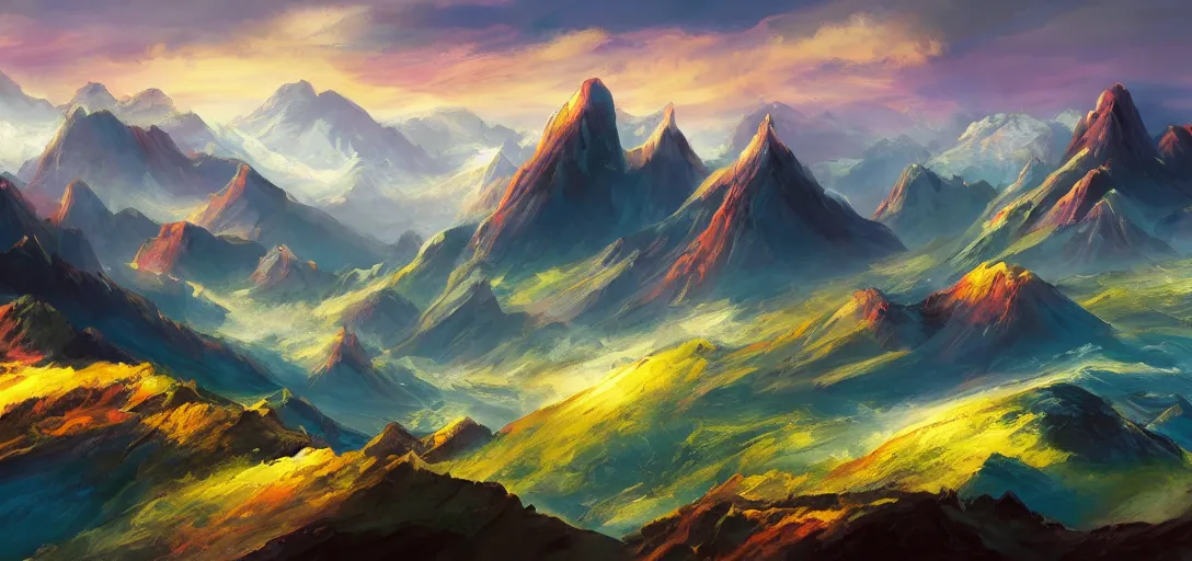 Image similar to vast mountain landscape, craggy mountains, magic the gathering, three - colors, three - color color palette, panoramic, wide angle, horizon, highly detailed