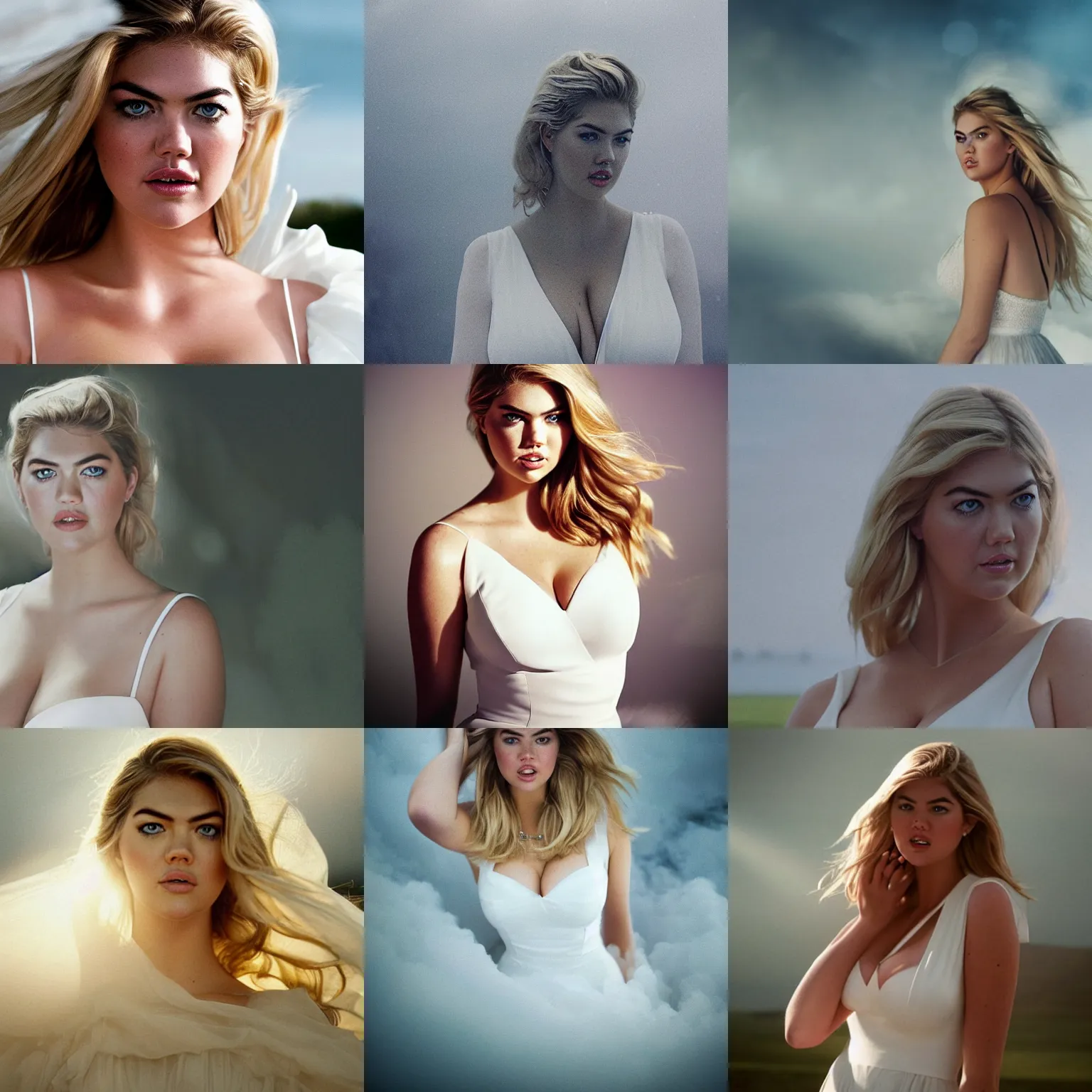 Prompt: 3. 5 mm coloured film portrait of kate upton in a white dress, atmospheric, vivid, cinematic