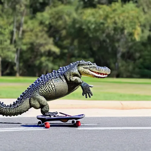 Prompt: alligator, skateboarding like a pro, still, doing a kick flip trick, wearing sun glasses and a backwards baseball cap