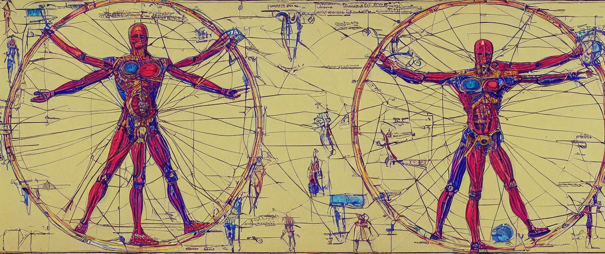 Image similar to a brilliantly colored painting of an exploded diagram of a detailed engineering schematic of a robot in the pose vitruvian man in the style of jean giraud