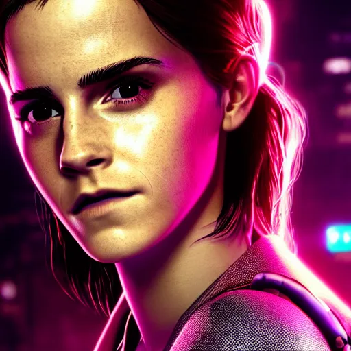 Image similar to emma watson portrait, cyberpunk 2 0 7 7, cyberpunk judy alvarez, photorealistic, ultra detailed, neon, octane, bokeh, cinematic lighting, cyber, cyberpunk city, studio quality, feature, scars, cyberface, 8 k