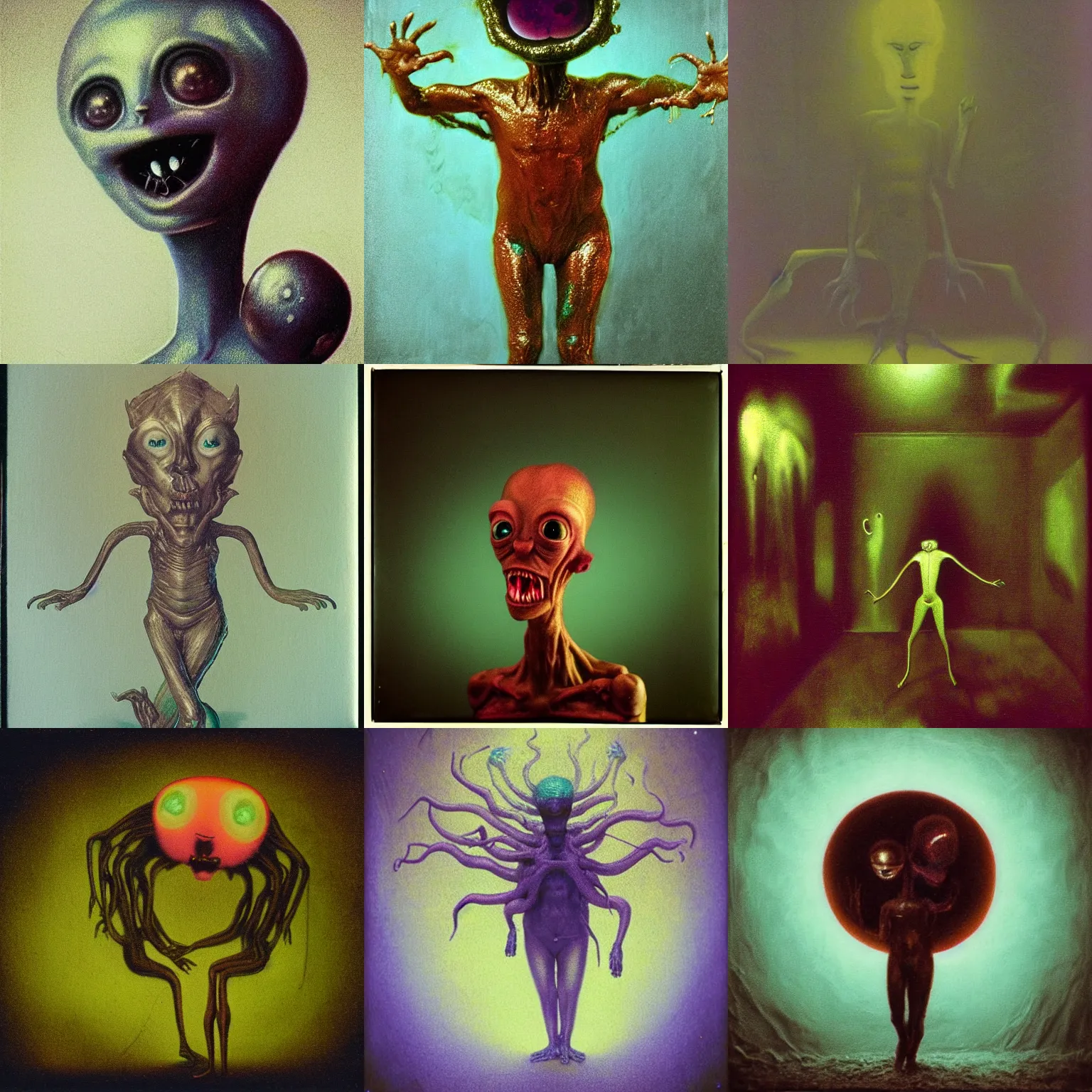 Prompt: glowing metallic guy creature, weird silly thing with big eyes, prancing around in an empty room. goofy smile face, stupid idiot cryptid, spiritual eerie creepy picture, zdislaw beksinski, wiggly ethereal being, surreal animal, leonora carrington, liminal space, studio lighting, polaroid, pastel colours, grainy photograph