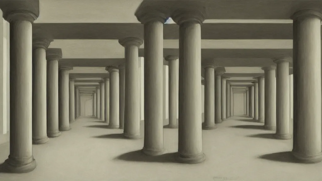 Image similar to minimalist industrial interior hallway with monolithic pillars in the style of ridley scott and stanley kubrick, realistic detailed painting by edward hopper