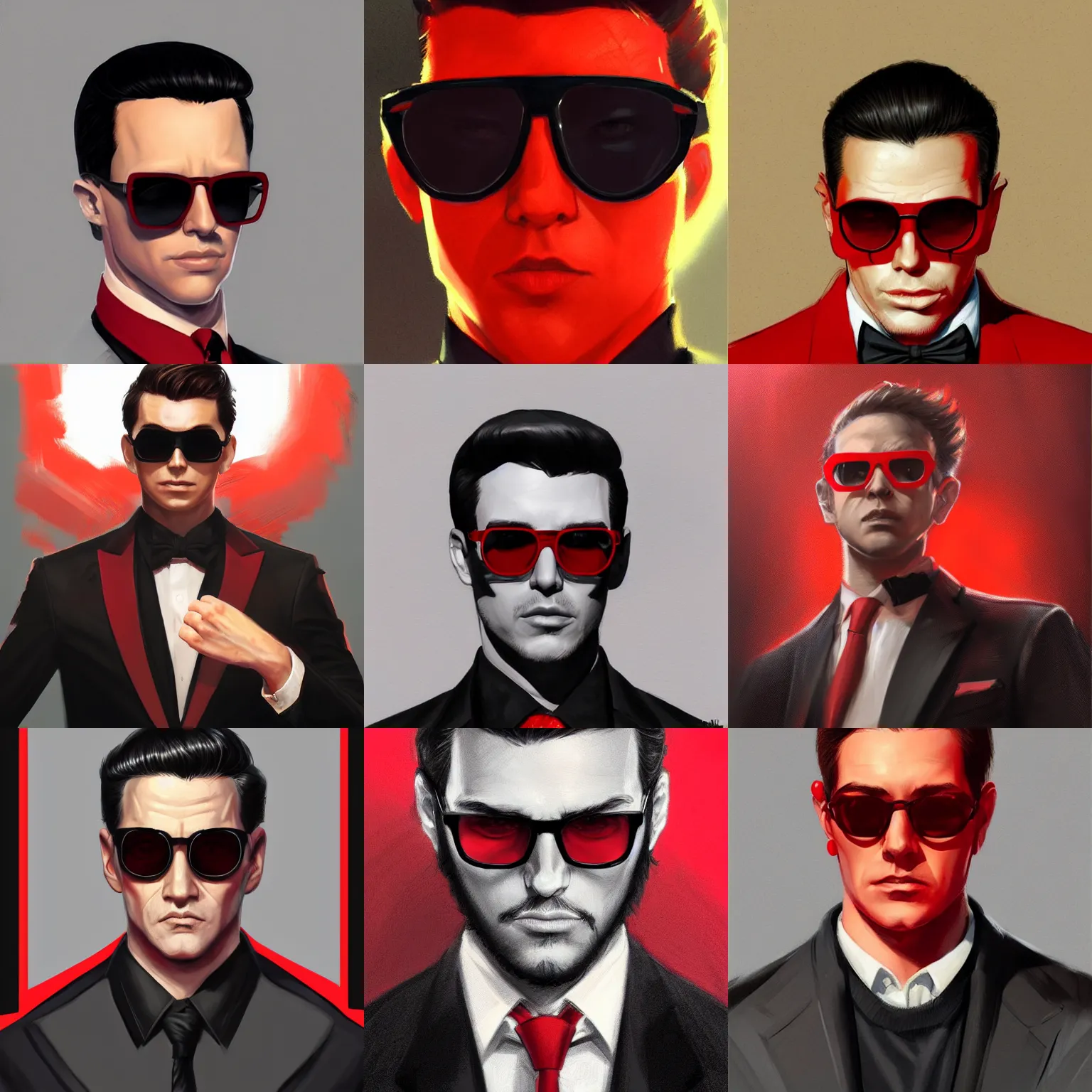 Prompt: man, red sunglasses, black suit, red shirt, black tie, d & d, fantasy, portrait, highly detailed, headshot, digital painting, trending on artstation, concept art, sharp focus, illustration, art by artgerm and greg rutkowski and magali villeneuve