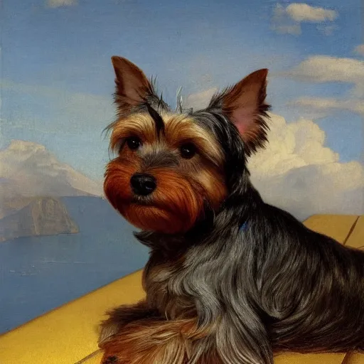 Image similar to a gray and brown Yorkshire Terrier under a rainbow in Santorini by Michael Sowa, head and shoulders portrait, golden hour, extremely detailed masterpiece, oil on canvas, by J. C. Leyendecker and Peter Paul Rubens and Edward Hopper and Michael Sowa,