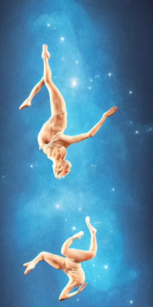 Prompt: painting of a short hair blond girl doing Aerial dance, blue cloth, cosmic, 8k, volumetric light, beautiful anime art style, stylised