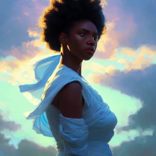 Image similar to a Photorealistic dramatic hyperrealistic bright blue eyes, African American elegant girl, black hair, white veil,by WLOP,Artgerm,Greg Rutkowski,Alphonse Mucha, Dang My Linh, Beautiful dynamic dramatic bright sunset lighting,shadows,cinematic atmosphere,Artstation,concept design art,Octane render,8k