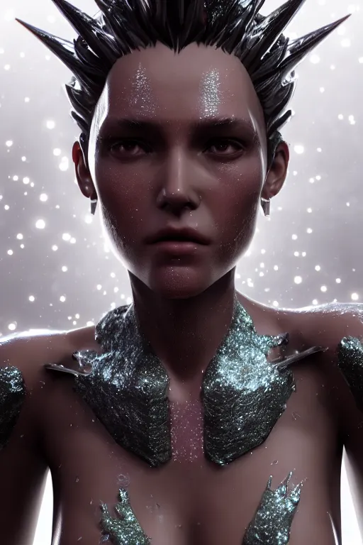 Image similar to skin concept, biopunk, in full growth, magical smoky translucent luminous sparkling crystals, many details, 3 d, cinematic, hyper realism, high detail, octane render