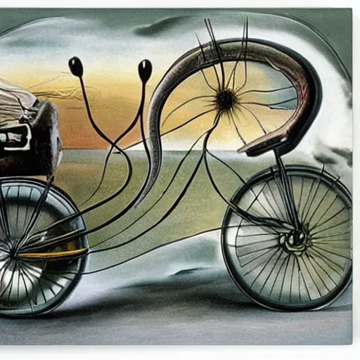 Prompt: dreaming electric bycicle and electric car by Salvador Dali