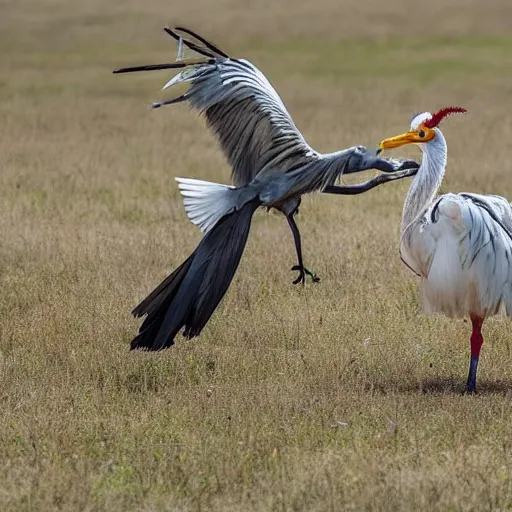 Prompt: secretary bird and an ostrich, fighting each other, in a fantasy field made of cotton candy