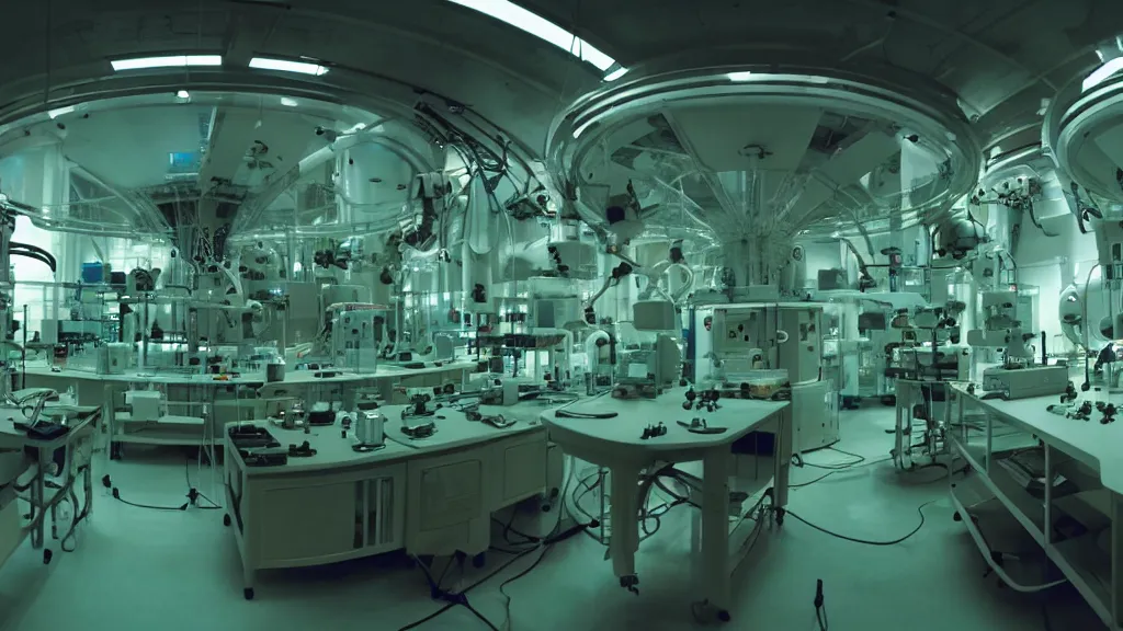 Prompt: a huge octoidal mri machine and control panels in the laboratory inspection room, film still from the movie directed by denis villeneuve with art direction by salvador dali, wide lens